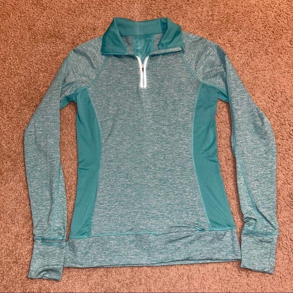 Reva quarter zip running long sleeve shirt with thumbholes & small zipper pocket